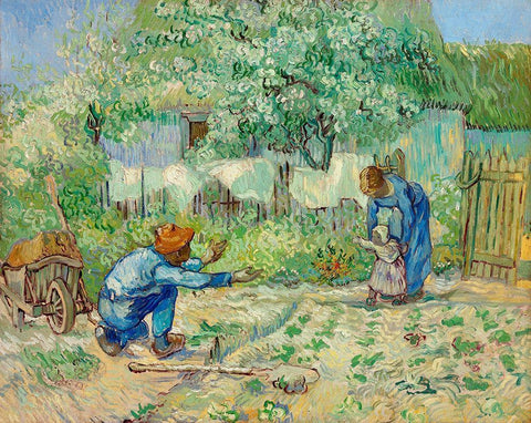 First Steps, after Millet (1890) Black Ornate Wood Framed Art Print with Double Matting by Van Gogh, Vincent