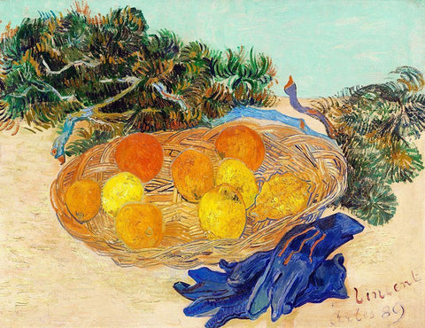 Still Life of Oranges and Lemons with Blue Gloves (1889) White Modern Wood Framed Art Print with Double Matting by Van Gogh, Vincent