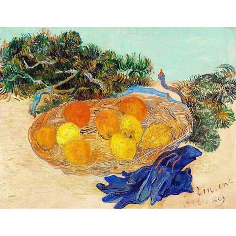 Still Life of Oranges and Lemons with Blue Gloves (1889) Gold Ornate Wood Framed Art Print with Double Matting by Van Gogh, Vincent