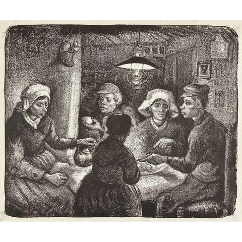 Composition lithograph of The Potato Eaters (De aardappeleters, 1885) White Modern Wood Framed Art Print by Van Gogh, Vincent