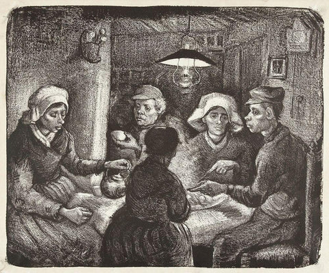 Composition lithograph of The Potato Eaters (De aardappeleters, 1885) White Modern Wood Framed Art Print with Double Matting by Van Gogh, Vincent