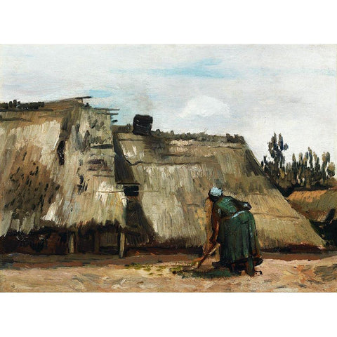 A Peasant Woman Digging in Front of Her Cottage (c.1885) White Modern Wood Framed Art Print by Van Gogh, Vincent