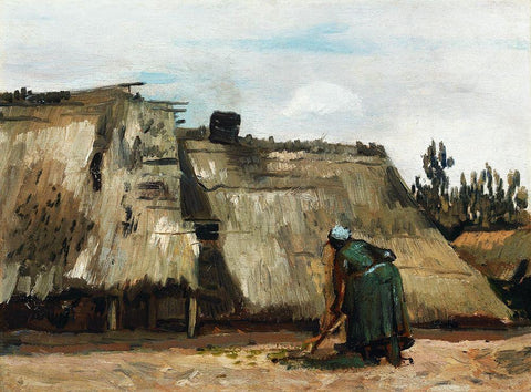 A Peasant Woman Digging in Front of Her Cottage (c.1885) White Modern Wood Framed Art Print with Double Matting by Van Gogh, Vincent