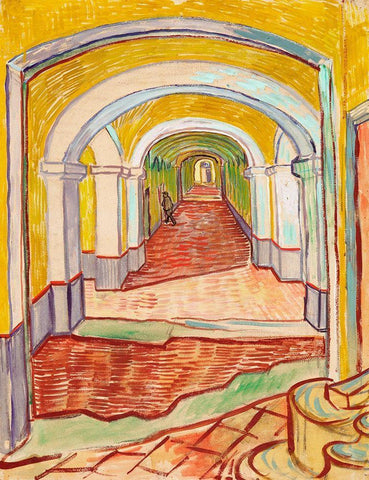 Corridor in the Asylum (1889) Black Ornate Wood Framed Art Print with Double Matting by Van Gogh, Vincent