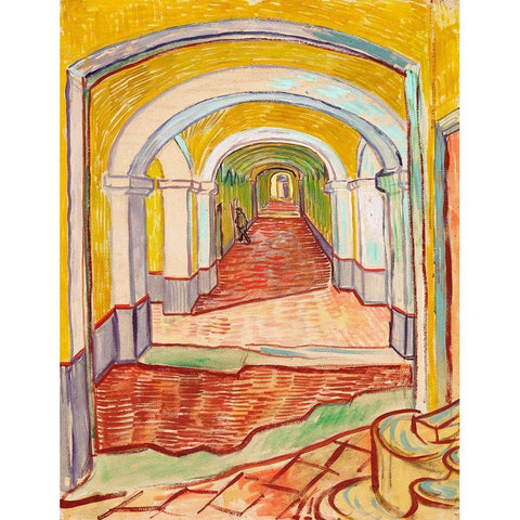 Corridor in the Asylum (1889) Gold Ornate Wood Framed Art Print with Double Matting by Van Gogh, Vincent