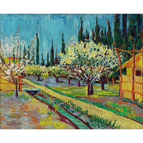 Orchard Bordered by Cypresses (1888) Gold Ornate Wood Framed Art Print with Double Matting by Van Gogh, Vincent