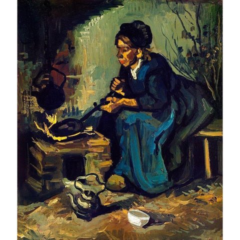 Peasant Woman Cooking by a Fireplace (1885) White Modern Wood Framed Art Print by Van Gogh, Vincent