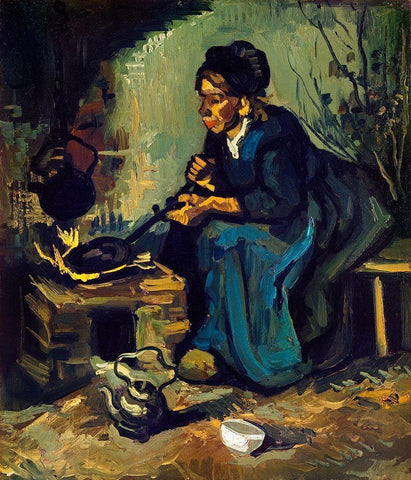 Peasant Woman Cooking by a Fireplace (1885) White Modern Wood Framed Art Print with Double Matting by Van Gogh, Vincent