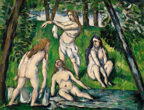 Four Bathers White Modern Wood Framed Art Print with Double Matting by Cezanne, Paul
