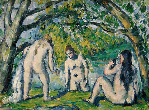 Three Bathers White Modern Wood Framed Art Print with Double Matting by Cezanne, Paul