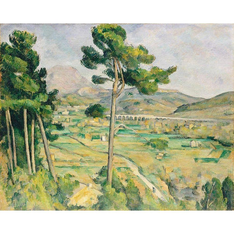 Mont Sainte-Victoire and the Viaduct of the Arc River Valley Black Modern Wood Framed Art Print with Double Matting by Cezanne, Paul