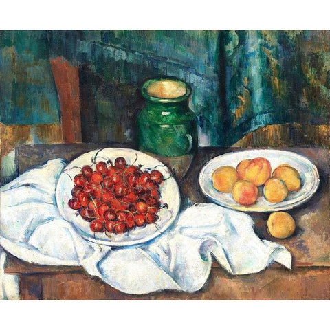 Still Life With Cherries And PeachesÂ  White Modern Wood Framed Art Print by Cezanne, Paul