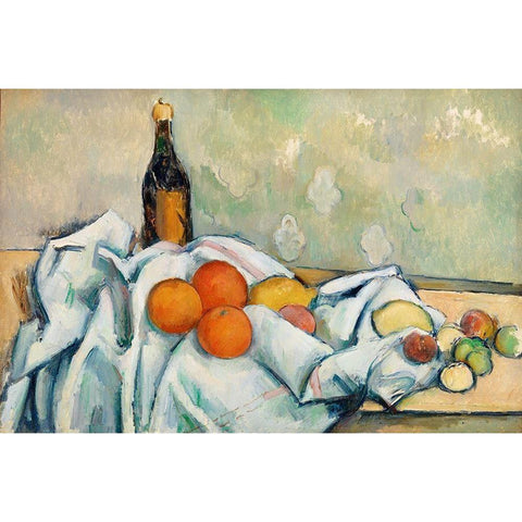 Bottle and Fruits Black Modern Wood Framed Art Print with Double Matting by Cezanne, Paul