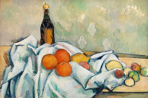 Bottle and Fruits White Modern Wood Framed Art Print with Double Matting by Cezanne, Paul