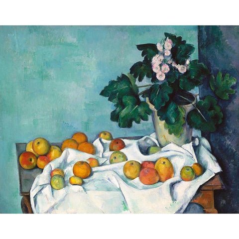 Still Life with Apples and a Pot of Primroses Black Modern Wood Framed Art Print with Double Matting by Cezanne, Paul