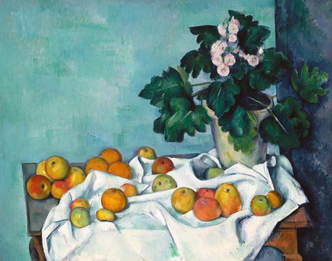 Still Life with Apples and a Pot of Primroses Black Ornate Wood Framed Art Print with Double Matting by Cezanne, Paul