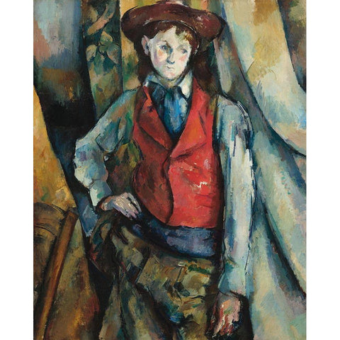 Boy in a Red Waistcoat White Modern Wood Framed Art Print by Cezanne, Paul