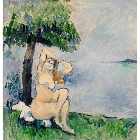 Bather at the Seashore Gold Ornate Wood Framed Art Print with Double Matting by Cezanne, Paul