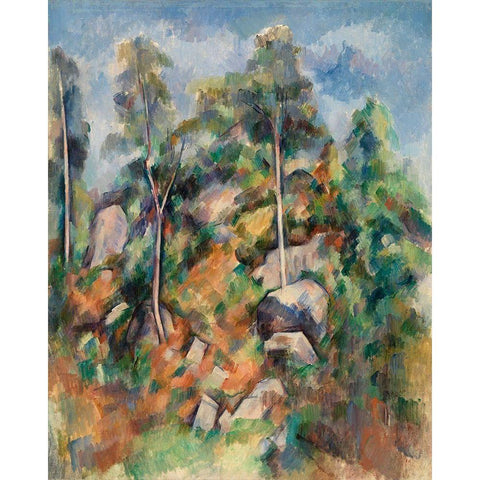 Rocks and Trees Black Modern Wood Framed Art Print with Double Matting by Cezanne, Paul