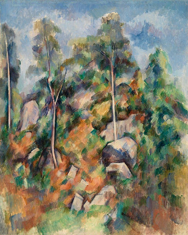 Rocks and Trees White Modern Wood Framed Art Print with Double Matting by Cezanne, Paul