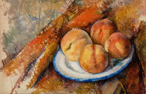 Four Peaches on a Plate White Modern Wood Framed Art Print with Double Matting by Cezanne, Paul