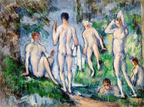 Group of Bathers White Modern Wood Framed Art Print with Double Matting by Cezanne, Paul