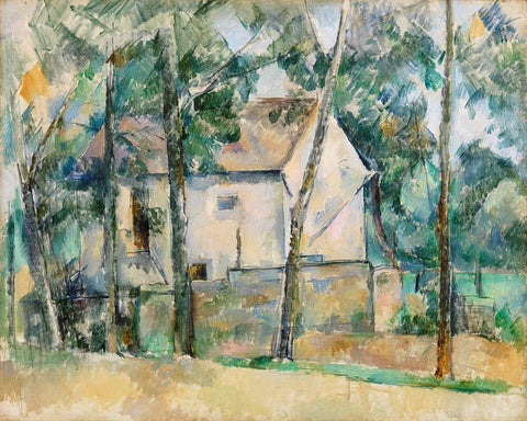 House and Trees White Modern Wood Framed Art Print with Double Matting by Cezanne, Paul