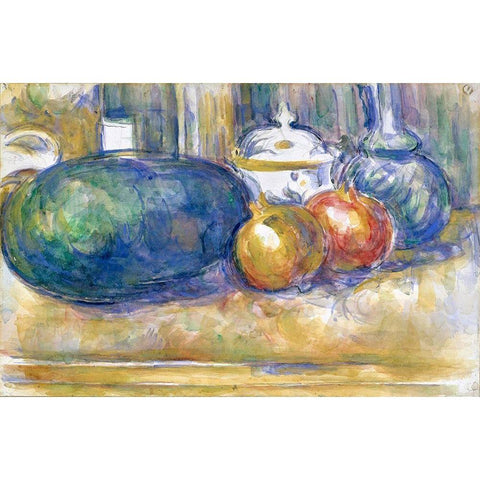 Still-Life with a Watermelon and Pomegranates White Modern Wood Framed Art Print by Cezanne, Paul