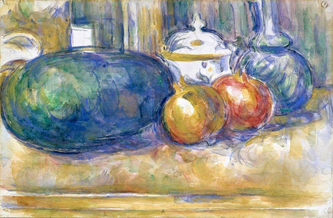 Still-Life with a Watermelon and Pomegranates White Modern Wood Framed Art Print with Double Matting by Cezanne, Paul