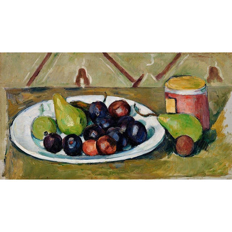 Plate with Fruit and Pot of Preserves White Modern Wood Framed Art Print by Cezanne, Paul