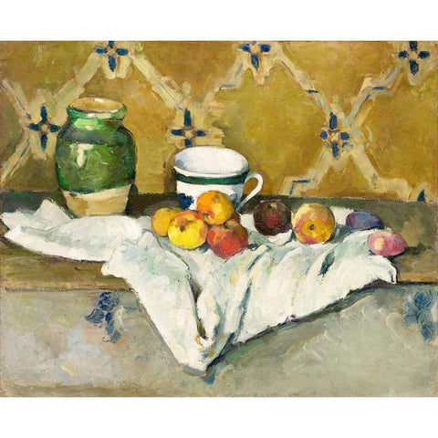 Still Life with Jar, Cup, and ApplesÂ  Gold Ornate Wood Framed Art Print with Double Matting by Cezanne, Paul