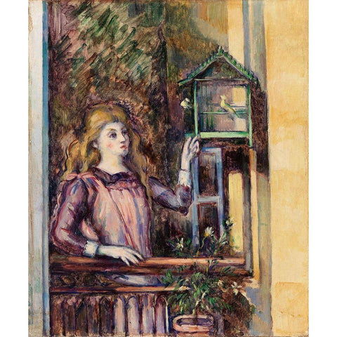 Girl with Birdcage Gold Ornate Wood Framed Art Print with Double Matting by Cezanne, Paul