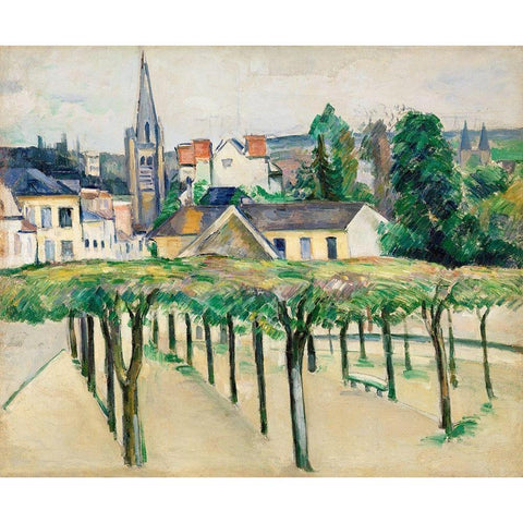 Village Square White Modern Wood Framed Art Print by Cezanne, Paul