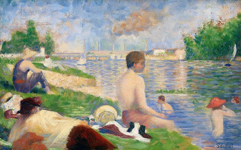 Final Study for â€œBathers at AsniÃ¨resâ€Â  White Modern Wood Framed Art Print with Double Matting by Seurat, Georges