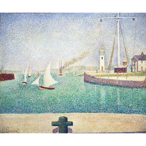 Entrance of The Port of HonfleurÂ  Black Modern Wood Framed Art Print with Double Matting by Seurat, Georges