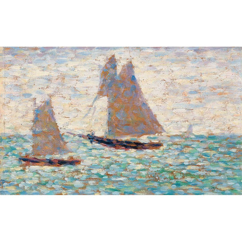 Two Sailboats at Grandcamp Gold Ornate Wood Framed Art Print with Double Matting by Seurat, Georges