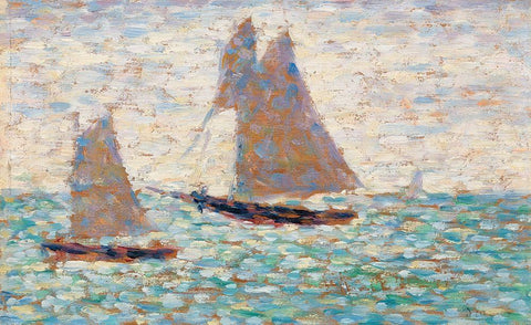 Two Sailboats at Grandcamp White Modern Wood Framed Art Print with Double Matting by Seurat, Georges