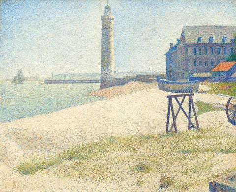 The Lighthouse at Honfleur Black Ornate Wood Framed Art Print with Double Matting by Seurat, Georges