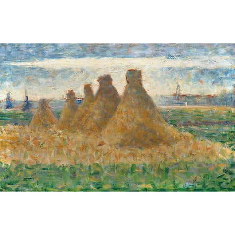 Haystacks Black Modern Wood Framed Art Print with Double Matting by Seurat, Georges