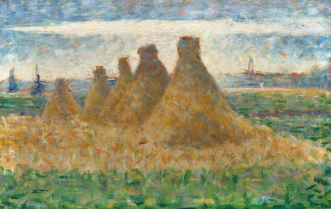 Haystacks White Modern Wood Framed Art Print with Double Matting by Seurat, Georges