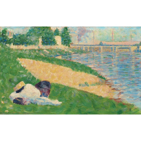 The Seine with Clothing on the Bank White Modern Wood Framed Art Print by Seurat, Georges