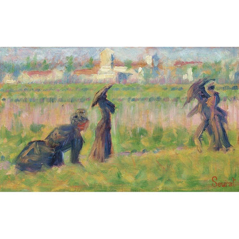 Figures in a Landscape Gold Ornate Wood Framed Art Print with Double Matting by Seurat, Georges