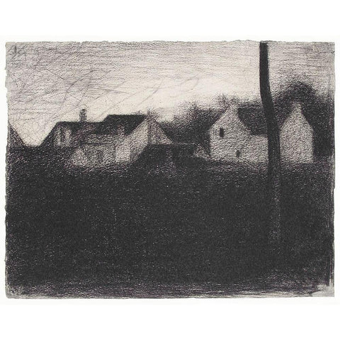 Landscape With Houses Black Modern Wood Framed Art Print with Double Matting by Seurat, Georges