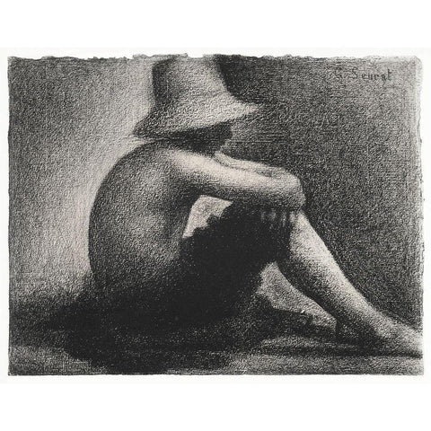 Seated Boy with Straw Hat Gold Ornate Wood Framed Art Print with Double Matting by Seurat, Georges