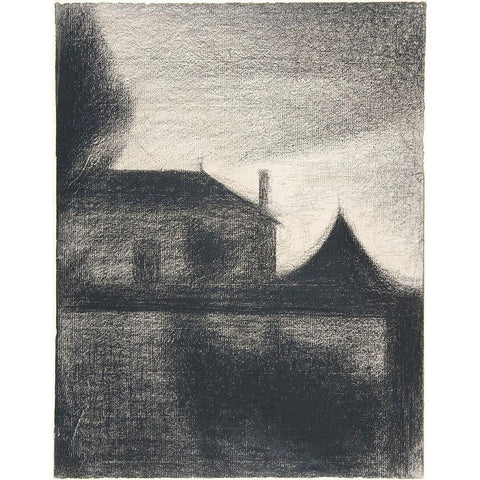 House at Dusk Black Modern Wood Framed Art Print with Double Matting by Seurat, Georges