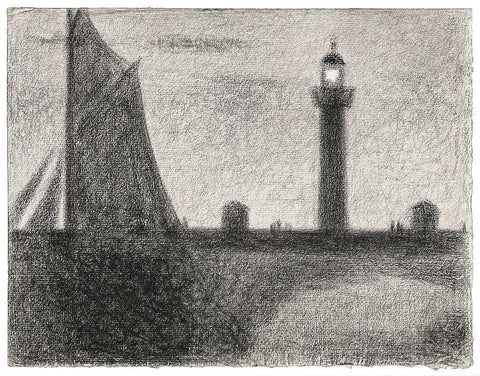 The Lighthouse at Honfleur Black Ornate Wood Framed Art Print with Double Matting by Seurat, Georges