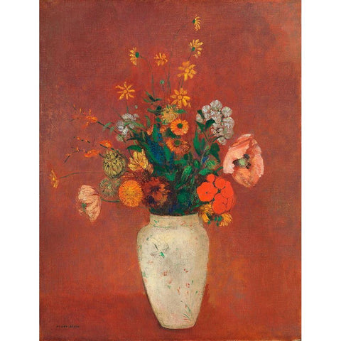 Bouquet in a Chinese Vase Gold Ornate Wood Framed Art Print with Double Matting by Redon, Odilon