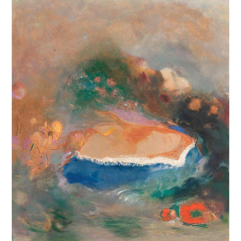 Ophelia with a Blue Wimple in the Water Gold Ornate Wood Framed Art Print with Double Matting by Redon, Odilon