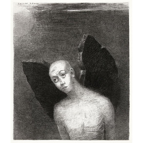 The Fallen Angel Spreads His Black Wings Black Modern Wood Framed Art Print with Double Matting by Redon, Odilon