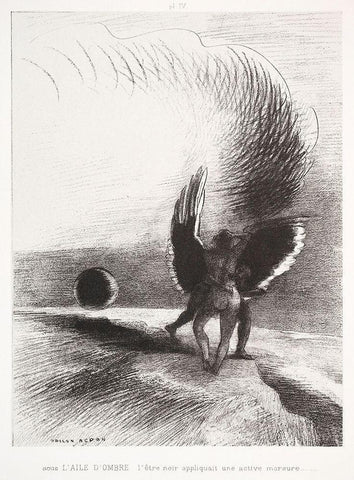 In the Shadow of the Wing, the Black Creature Bit White Modern Wood Framed Art Print with Double Matting by Redon, Odilon